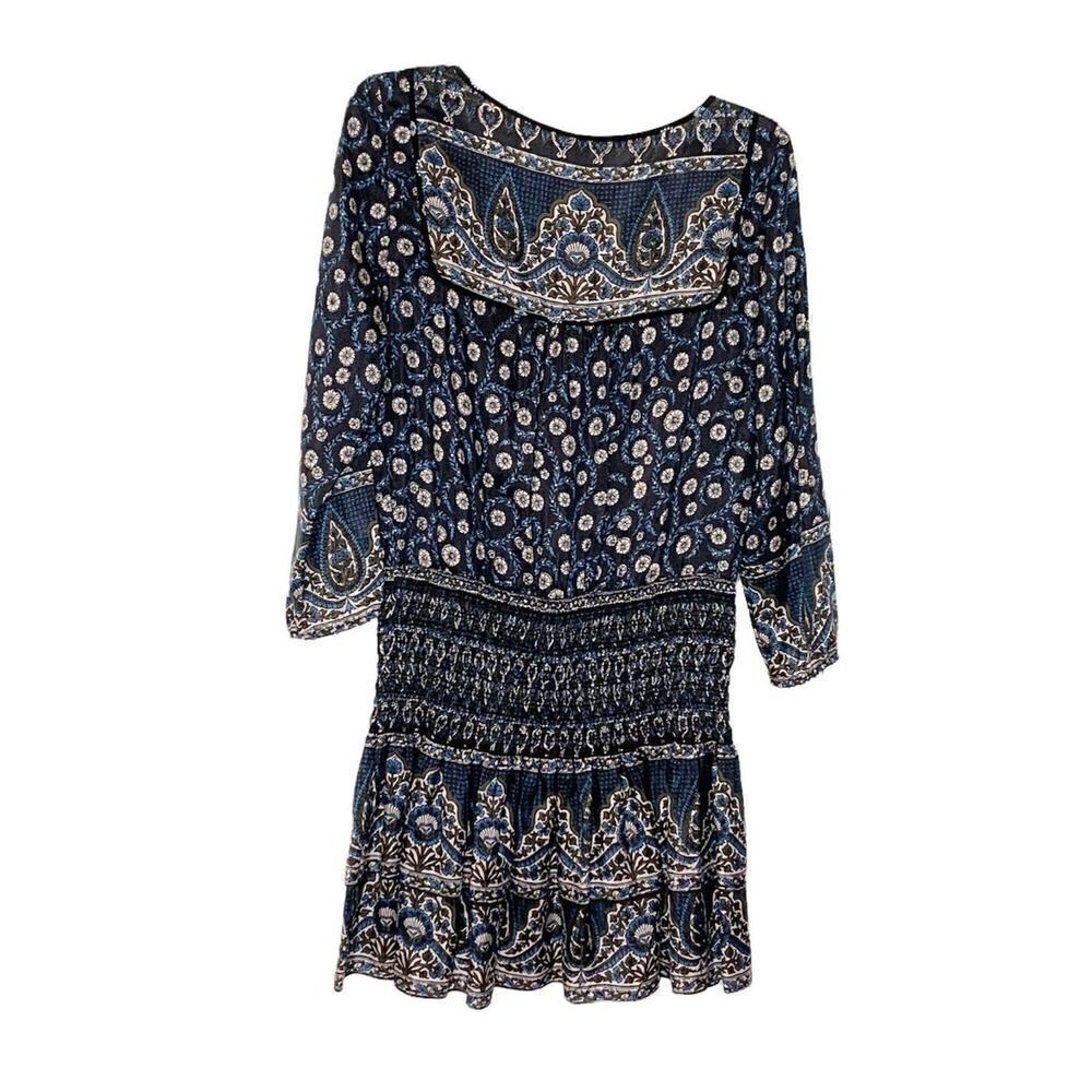 Veronica Beard Makai Printed Silk Smocked Long Sleeve Boho Mini Dress Women’s 10 - Picture 4 of 9